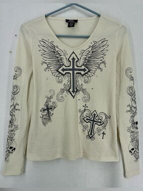 Social Collision Thermal Cross Wings Skull Top Womens Small Gothic Grunge Y2K